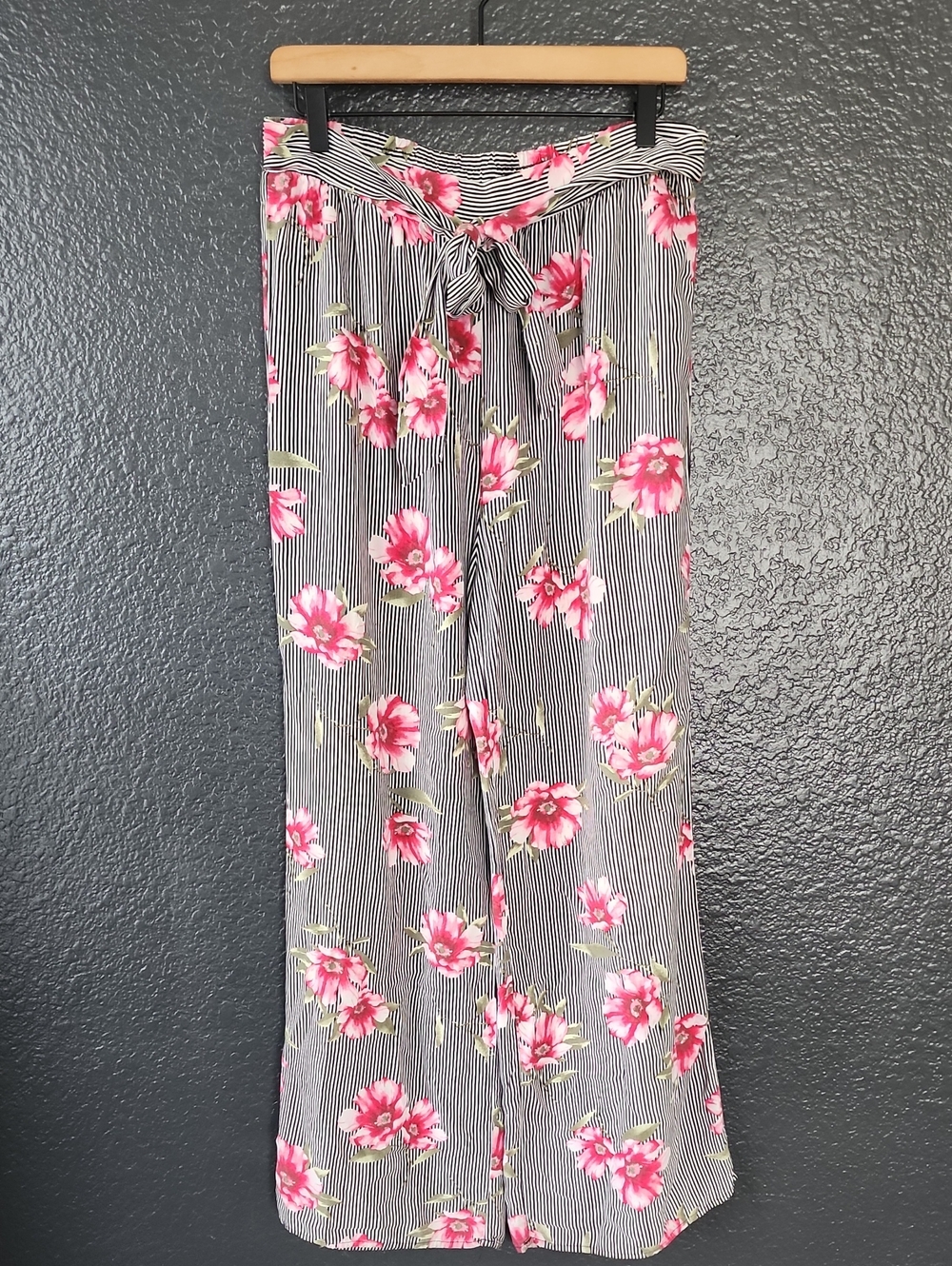 Haute Monde Pink Floral Striped Wide-Leg Pants with Waist Tie
